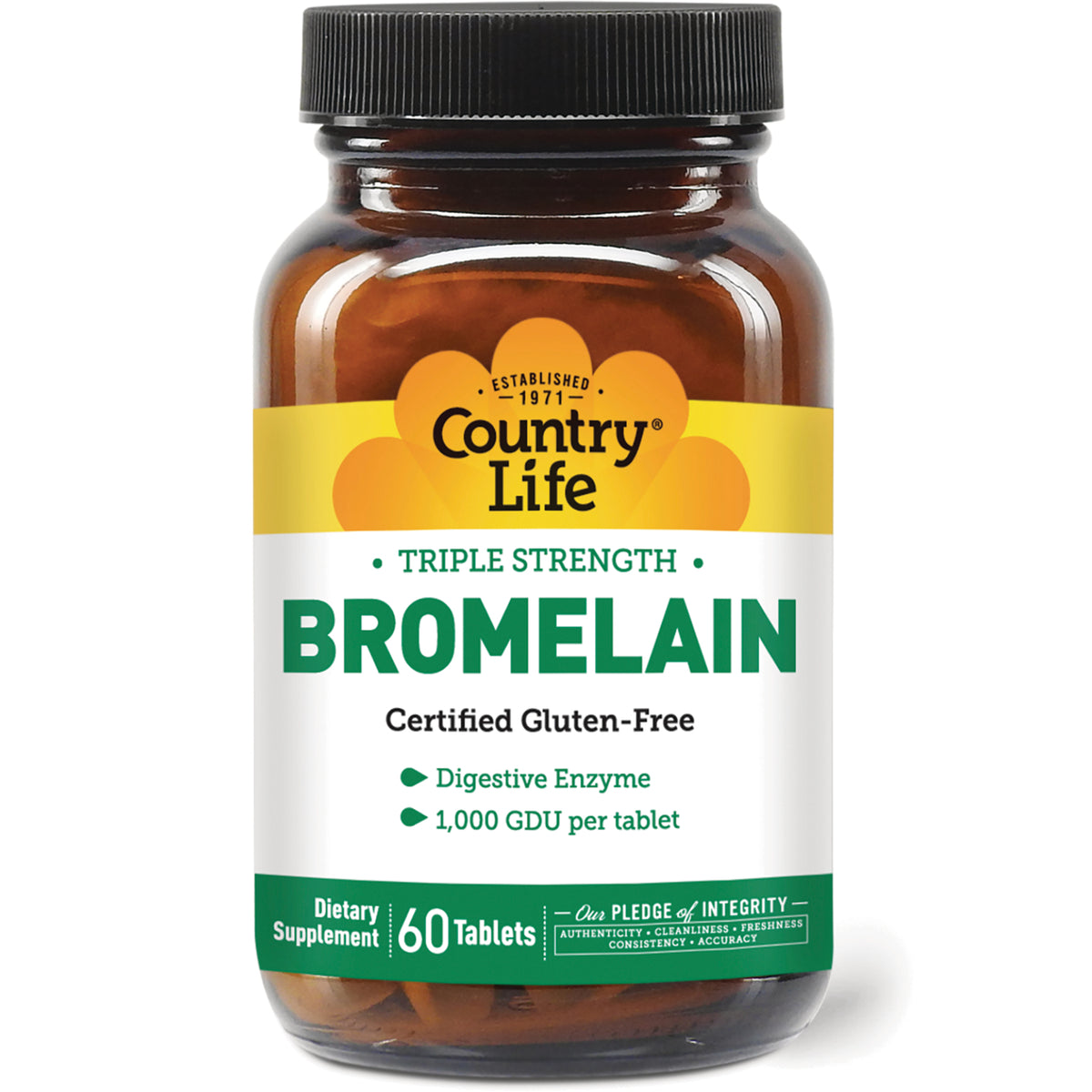 CRL282 | Country Life Triple Strength Bromelain bottle, 60 tablets, certified gluten-free, brown jar with yellow and green label