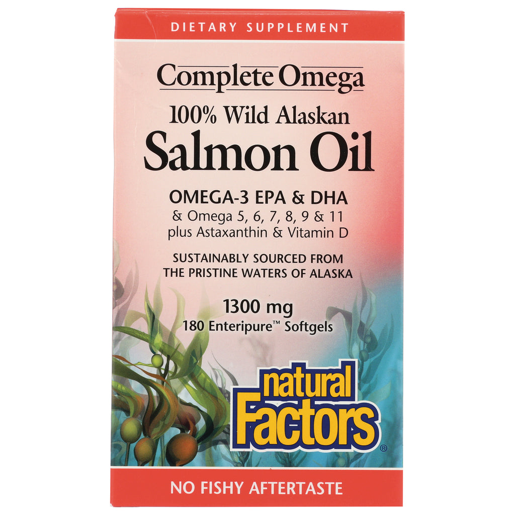 NFC162 | Natural Factors Complete Omega 100% Wild Alaskan Salmon Oil box front, 1300 mg, 180 softgels - Thumbnail