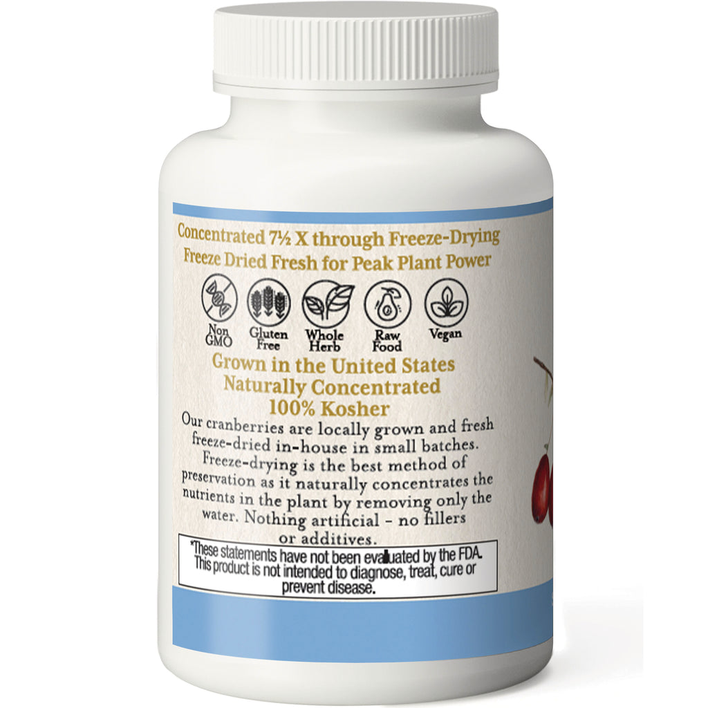 EC025 | back label of supplement bottle with icons Non GMO, Gluten Free, Whole Herb, Raw Food, Vegan and text Grown in the United States 100% Kosher - Thumbnail
