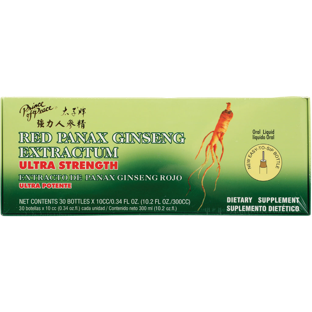 Green box labeled RED PANAX GINSENG EXTRACTUM ULTRA STRENGTH with ginseng root illustration and dietary supplement text - Thumbnail