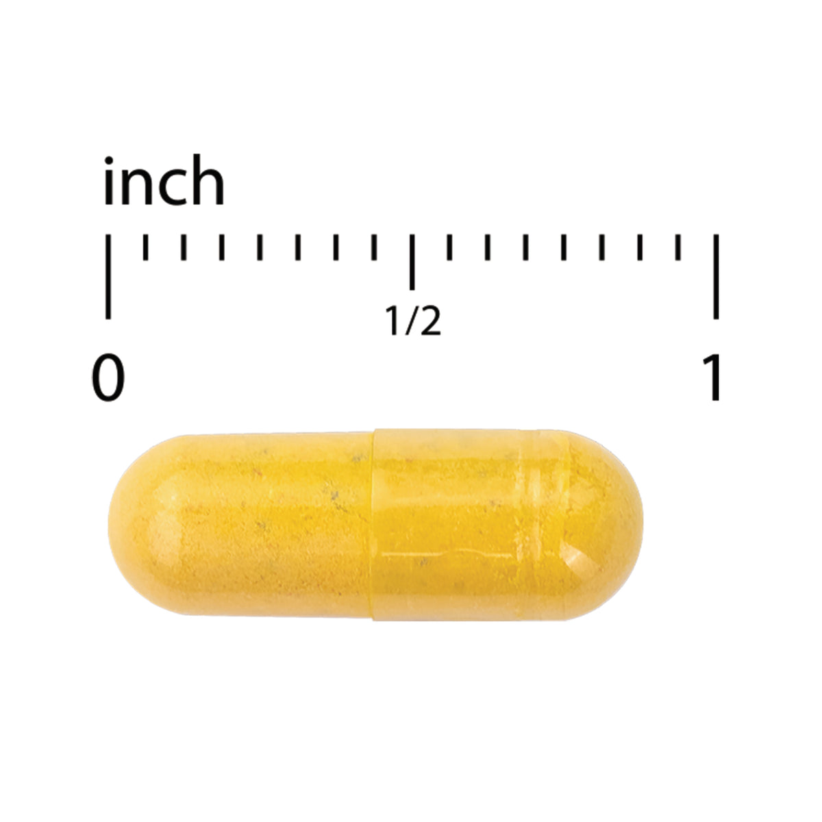 EUR070 | yellow capsule pill centered under inch ruler showing 0, 1/2, and 1 inch scale