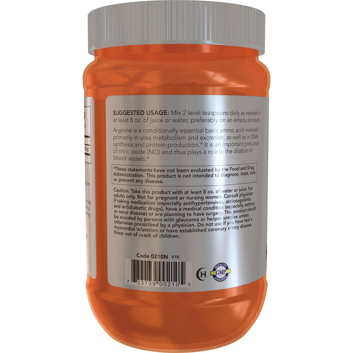 NWF891 | Back label of orange supplement jar showing suggested usage, warnings, and barcode