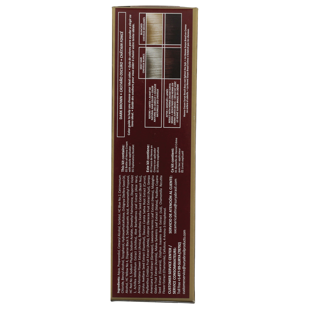 SUR021 | Back panel of hair color box showing shade chart and ingredients; text includes 'DARK BROWN'