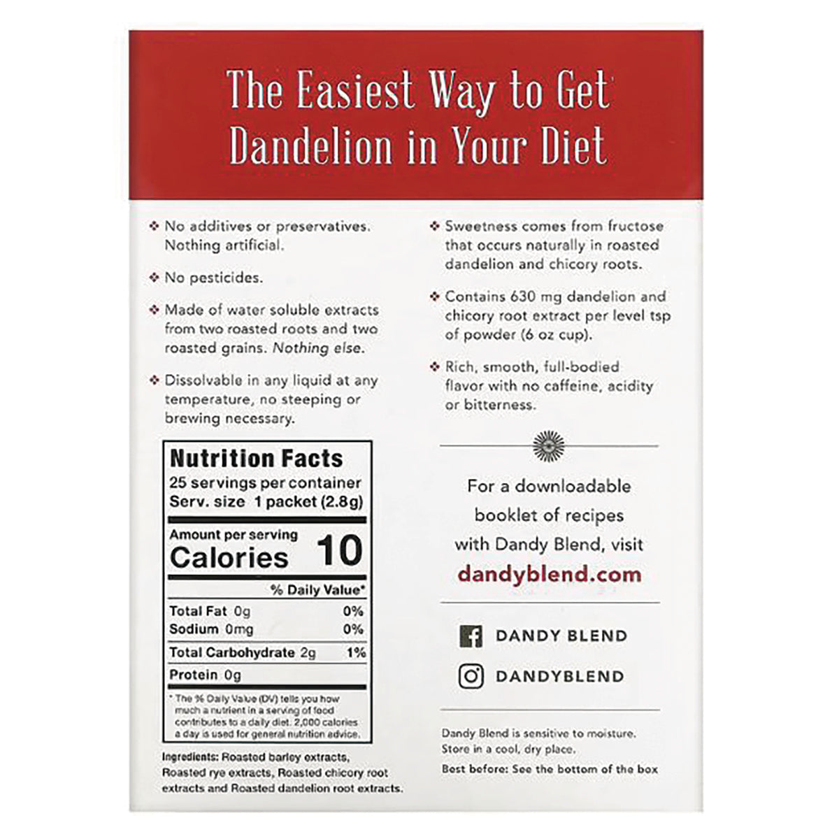DDY003 | Back panel showing Nutrition Facts, ingredients, and product claims for Dandy Blend