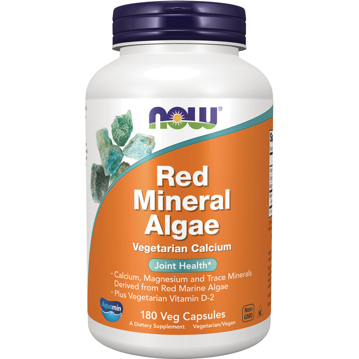 NWF178 | NOW Red Mineral Algae vegetarian calcium bottle front showing Red Mineral Algae, Vegetarian Calcium and 180 Veg Capsules