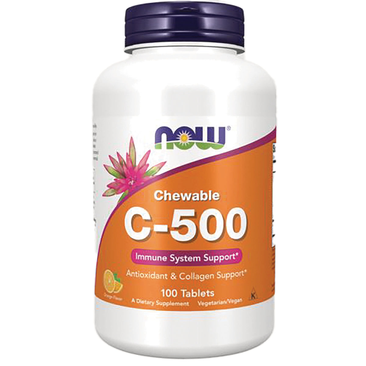 NWF234 | NOW Chewable C-500 vitamin C bottle, orange label, 100 tablets