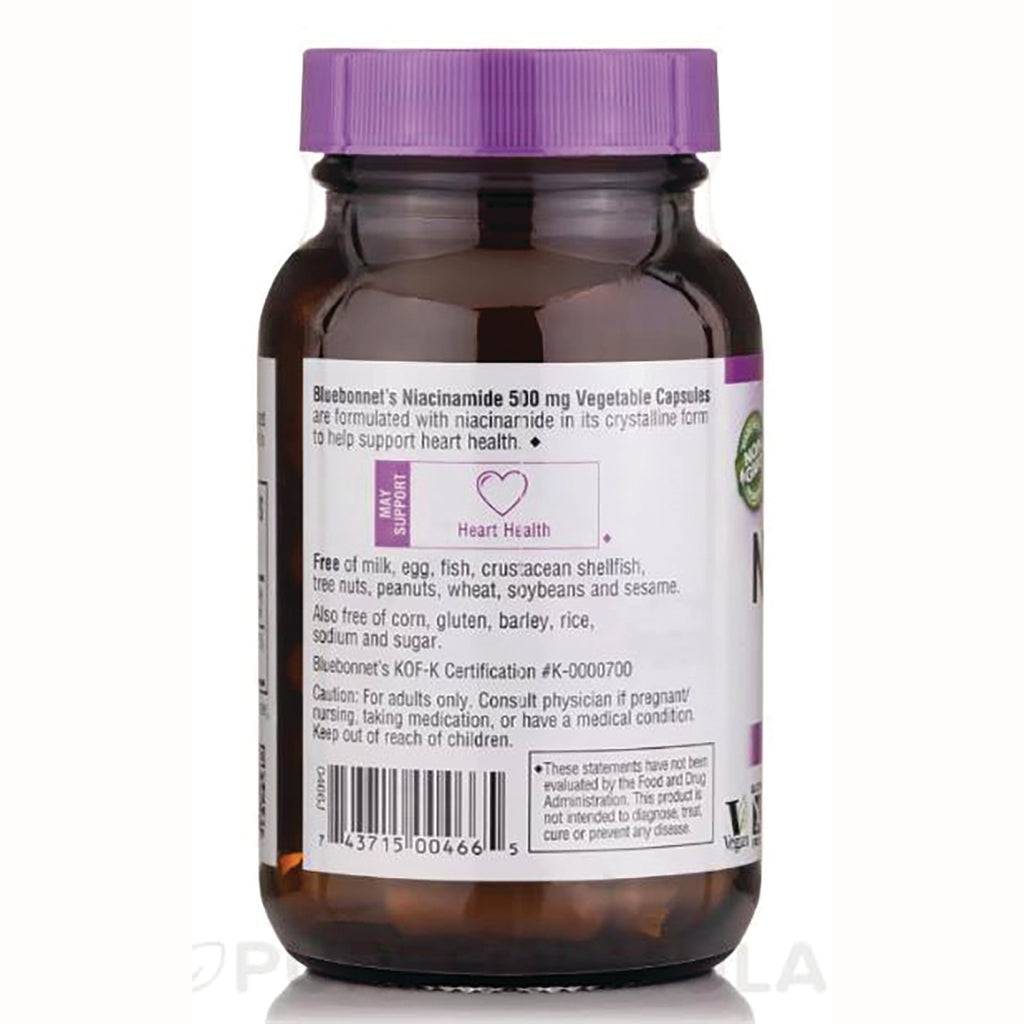 BLU105 | Back of brown supplement bottle with purple cap showing label text Heart Health, allergen information and barcode - Thumbnail