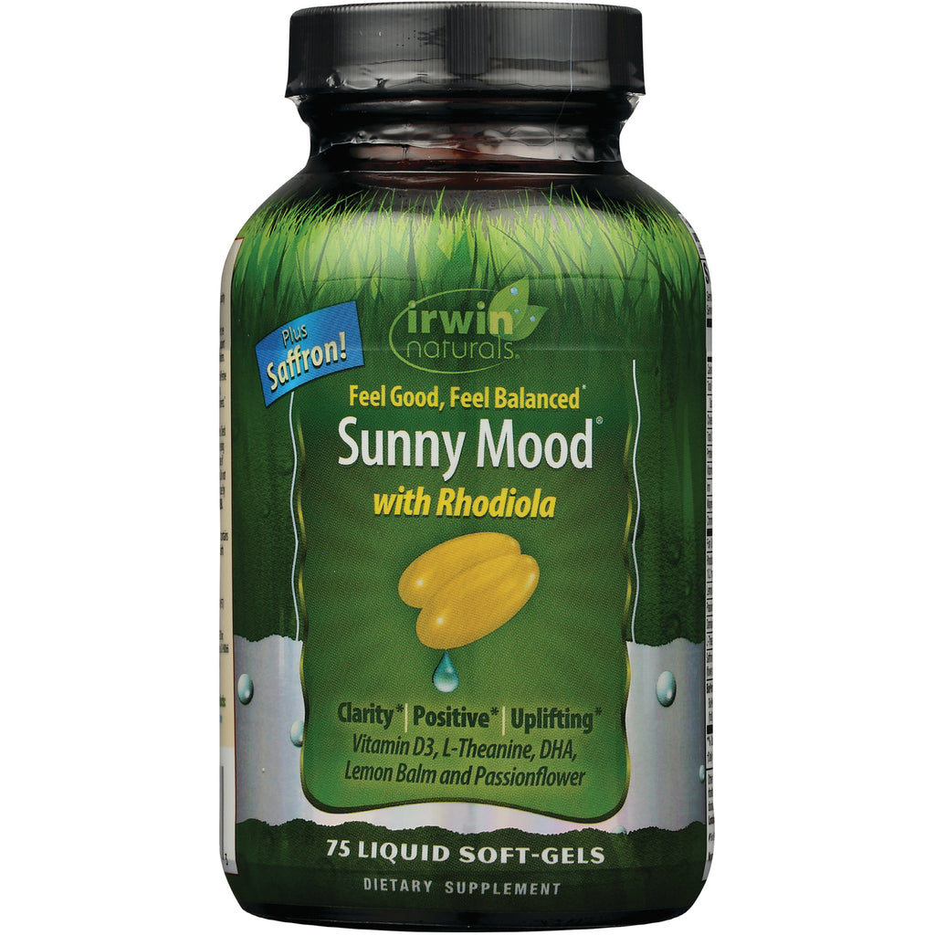 IR090 | Sunny Mood with Rhodiola supplement bottle front, green label reading Sunny Mood, 75 liquid soft-gels - Thumbnail