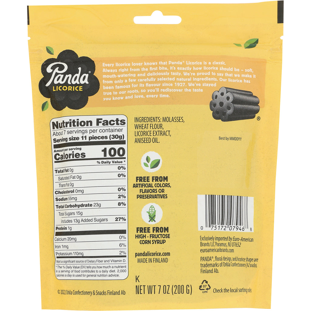 PND001 | Back of yellow Panda Licorice bag showing Nutrition Facts panel, ingredients, barcode and net wt 7 oz - Thumbnail