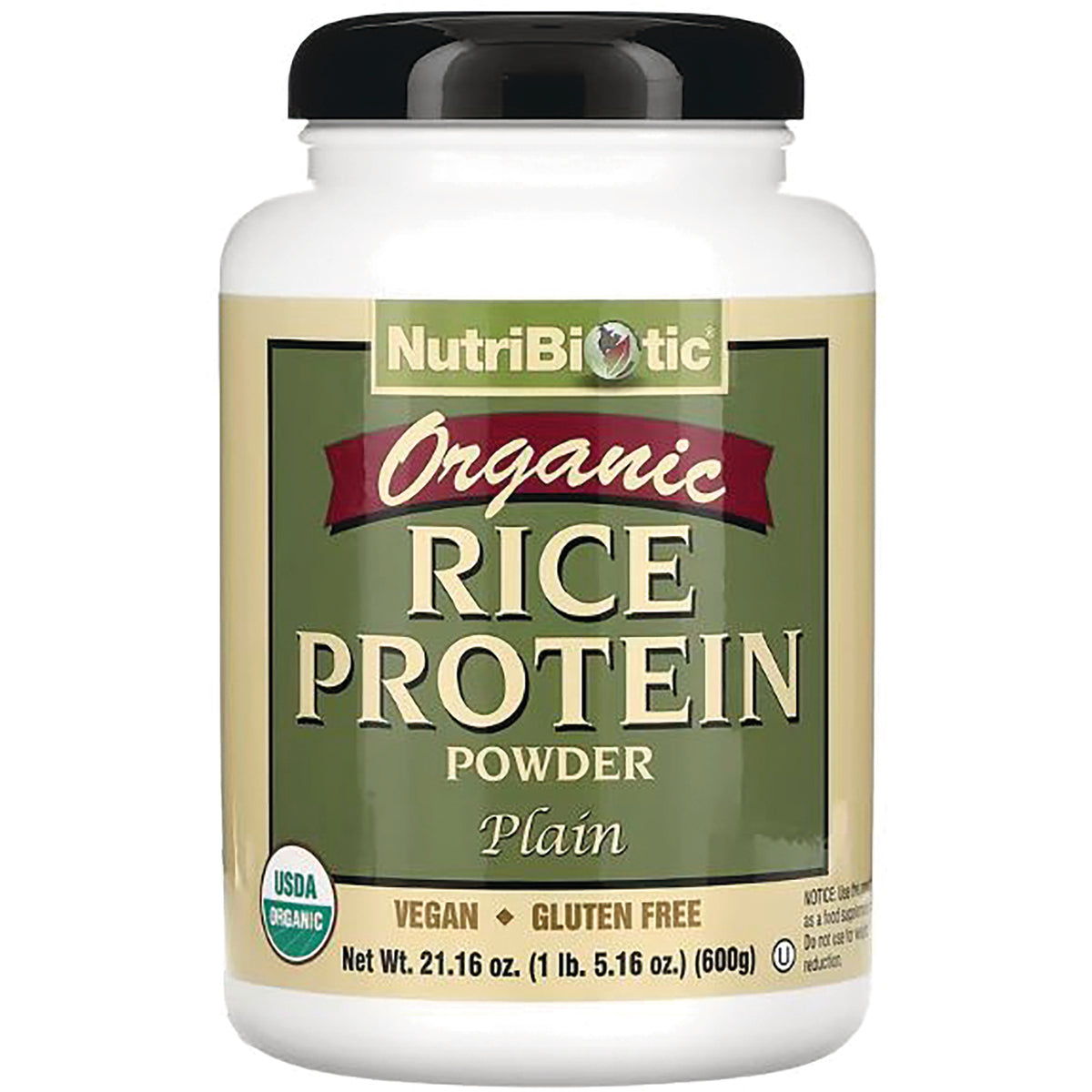 NUB018 | NutriBiotic Organic Rice Protein Powder plain jar, vegan gluten free, 21.16 oz (600g) front