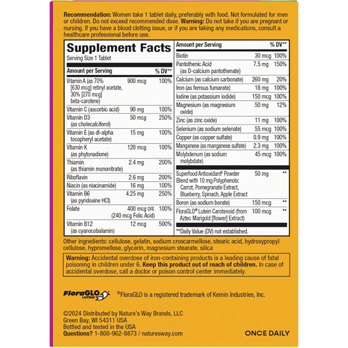 NW1015 | Supplement Facts back panel showing vitamins and minerals, warnings, and other ingredients