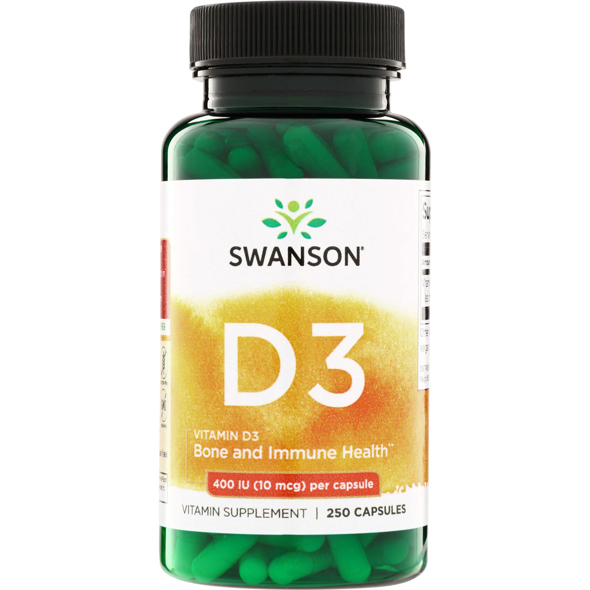 SW1211 | Swanson D3 Vitamin D3 supplement bottle, 400 IU (10 mcg) per capsule, 250 capsules, Bone and Immune Health