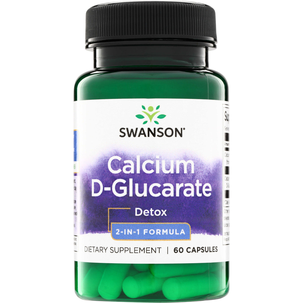 SWU123 | Swanson Calcium D-Glucarate Detox 2-in-1 Formula, 60 capsules bottle front with green capsules visible