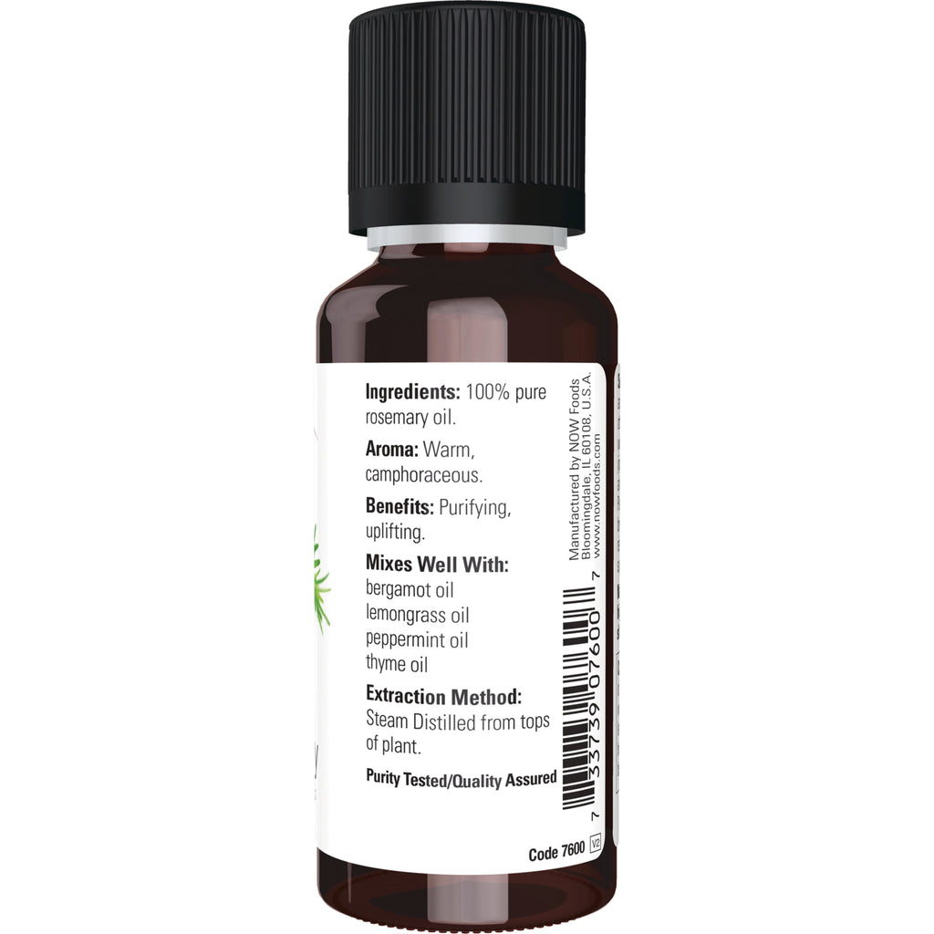 NWF149 | Back label of amber essential oil bottle reading Ingredients: 100% pure rosemary oil, Aroma: Warm, Benefits: Purifying, Mixes Well With, Extraction Method - Thumbnail
