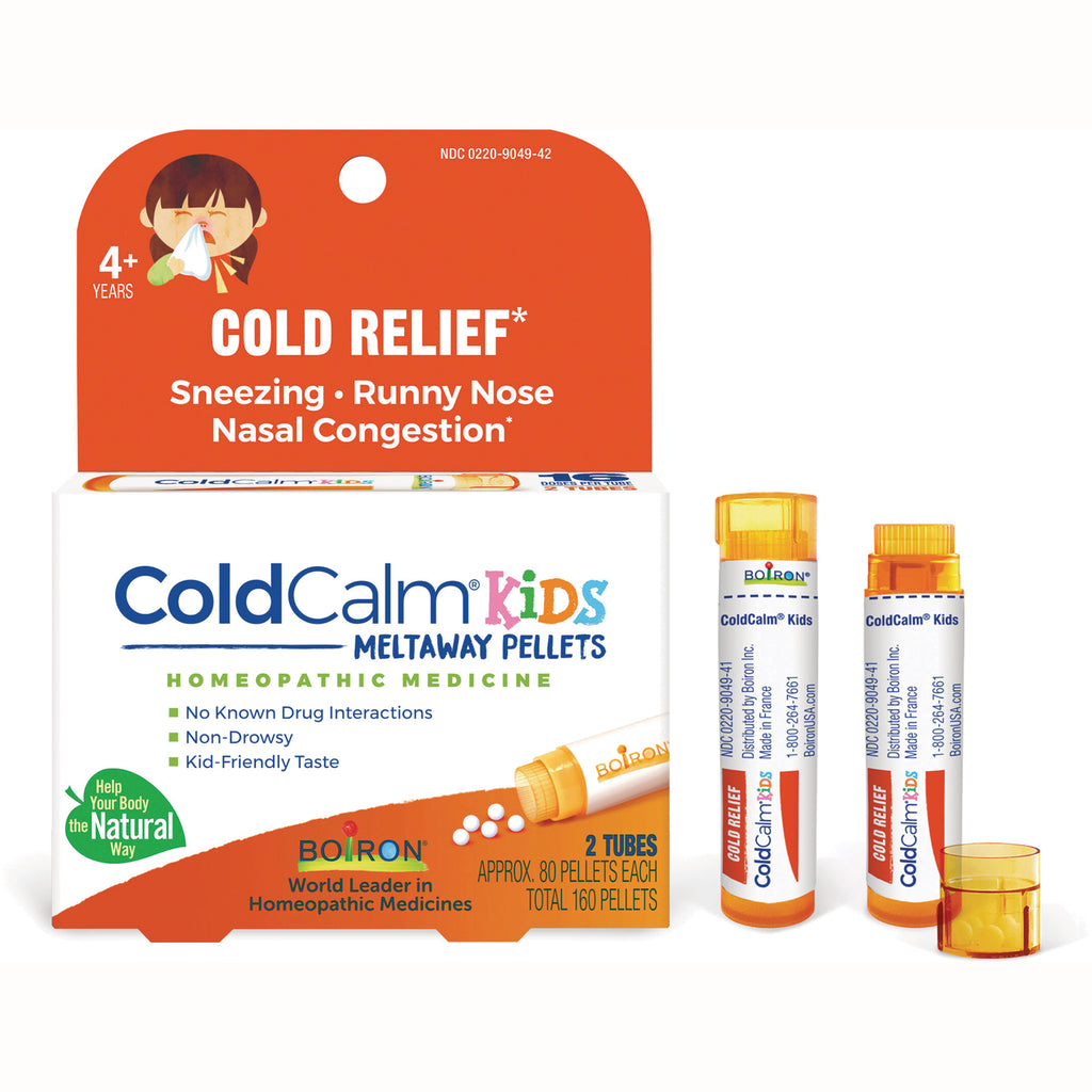 BRN041 | ColdCalm Kids Meltaway Pellets box with two orange-capped tubes, kid cold relief packaging - Thumbnail