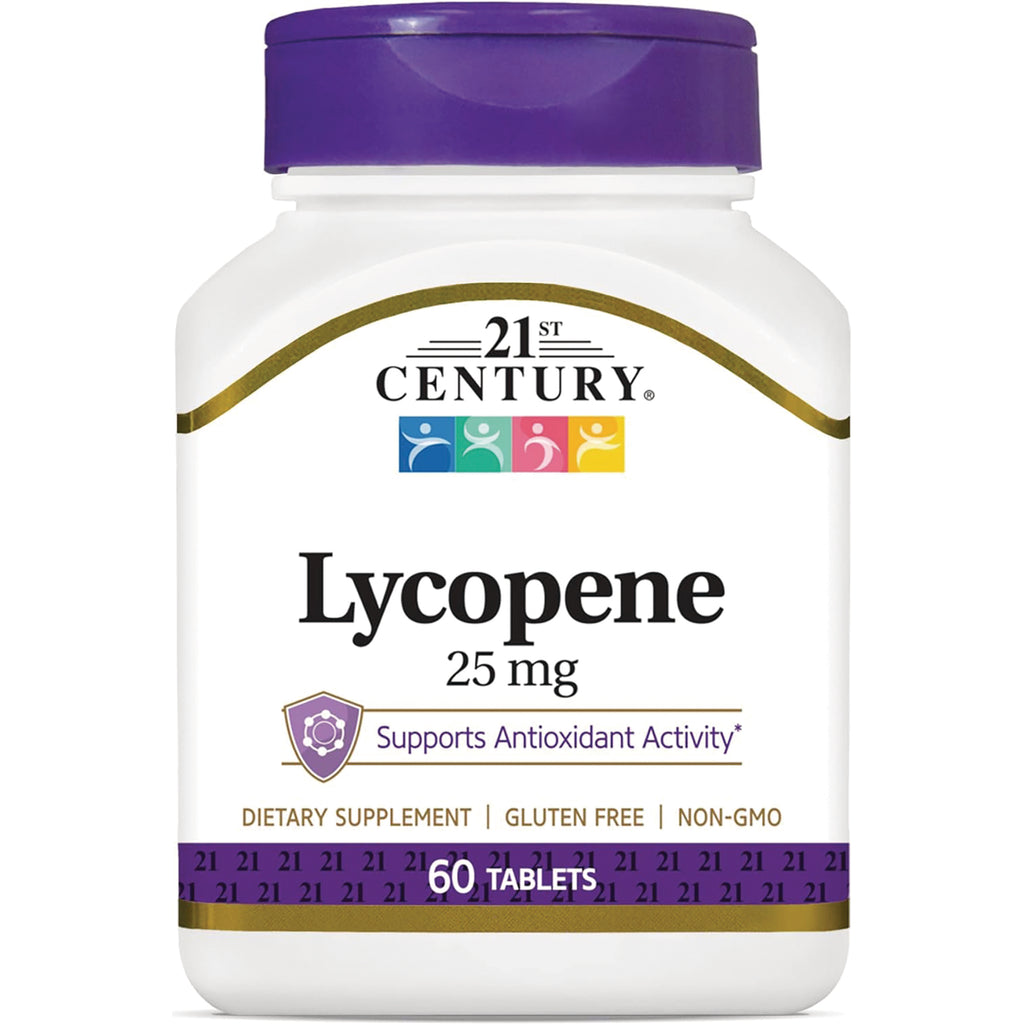 CNT098 | 21st Century Lycopene 25 mg white bottle with purple cap and label stating 60 tablets dietary supplement - Thumbnail