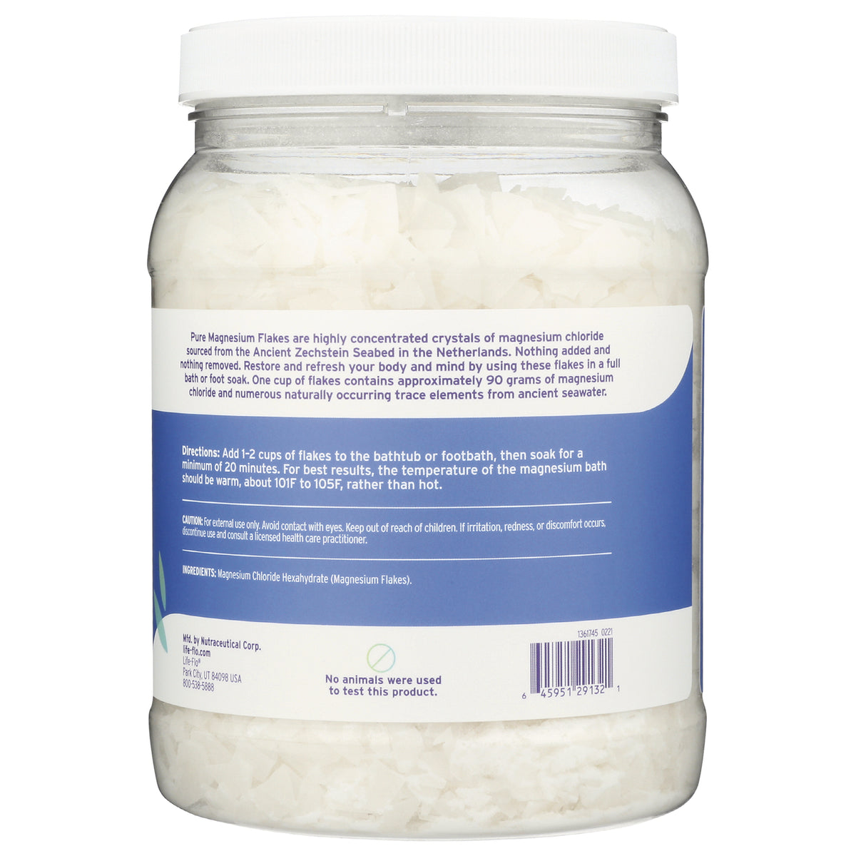 LFH056 | Back label of clear plastic jar of magnesium flakes showing directions, ingredients and barcode