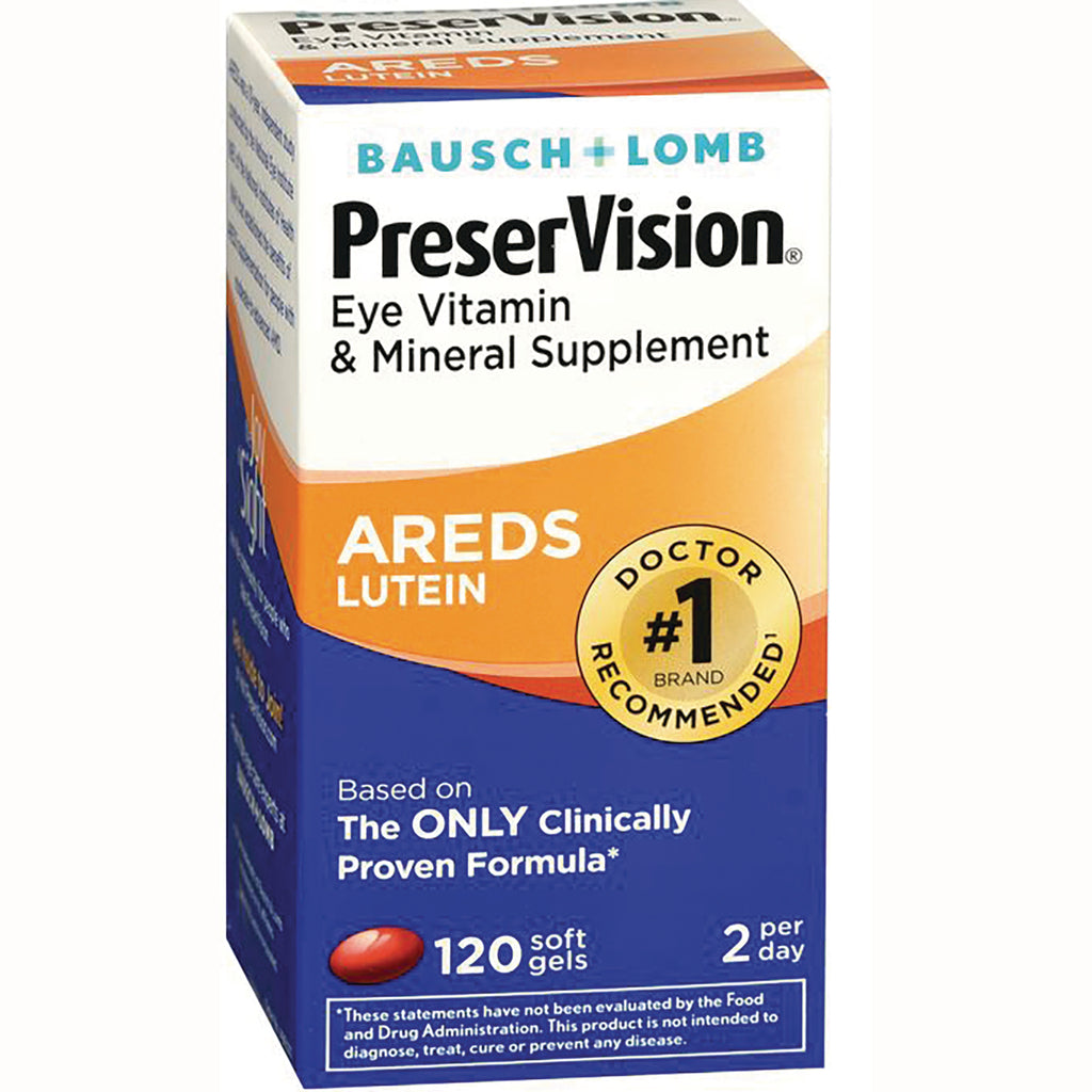 BNL023 | Bausch+Lomb PreserVision AREDS Lutein eye vitamin box showing 120 soft gels and 2 per day - Thumbnail