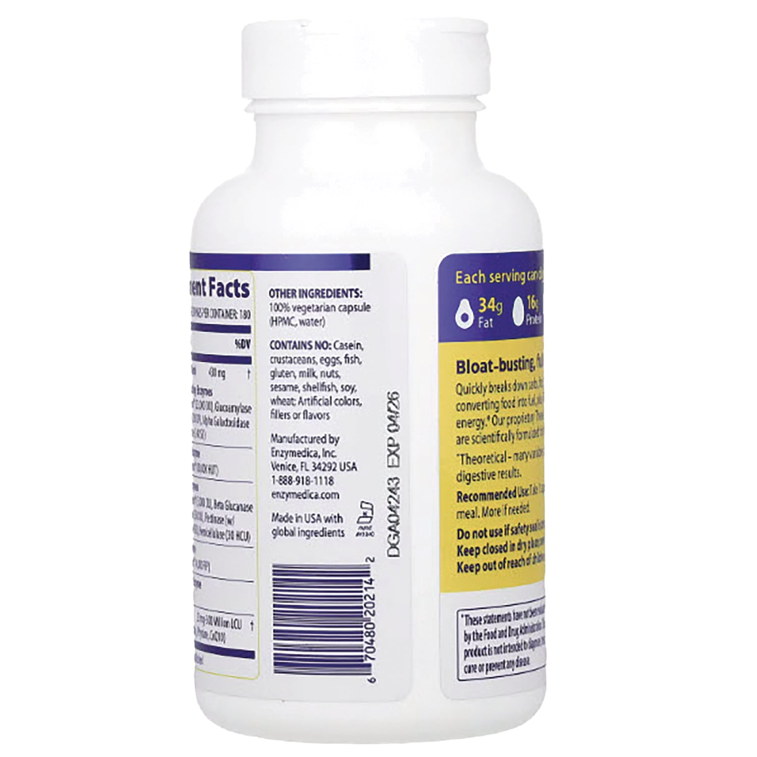 EMD011 | Back of white supplement bottle showing ingredients, barcode, and nutrition facts panel