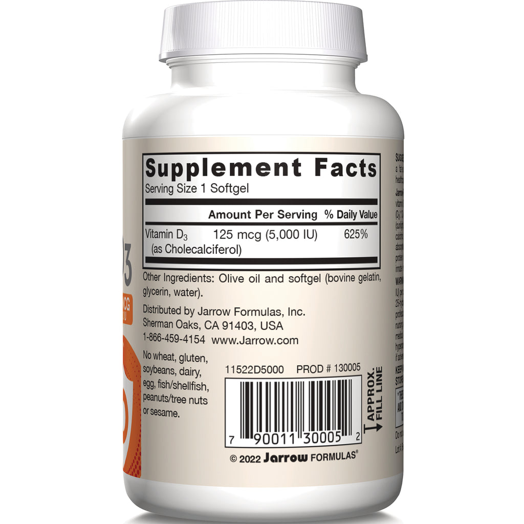 JR173 | back of supplement bottle showing Supplement Facts label with Vitamin D3 125 mcg (5,000 IU), ingredients and barcode - Thumbnail