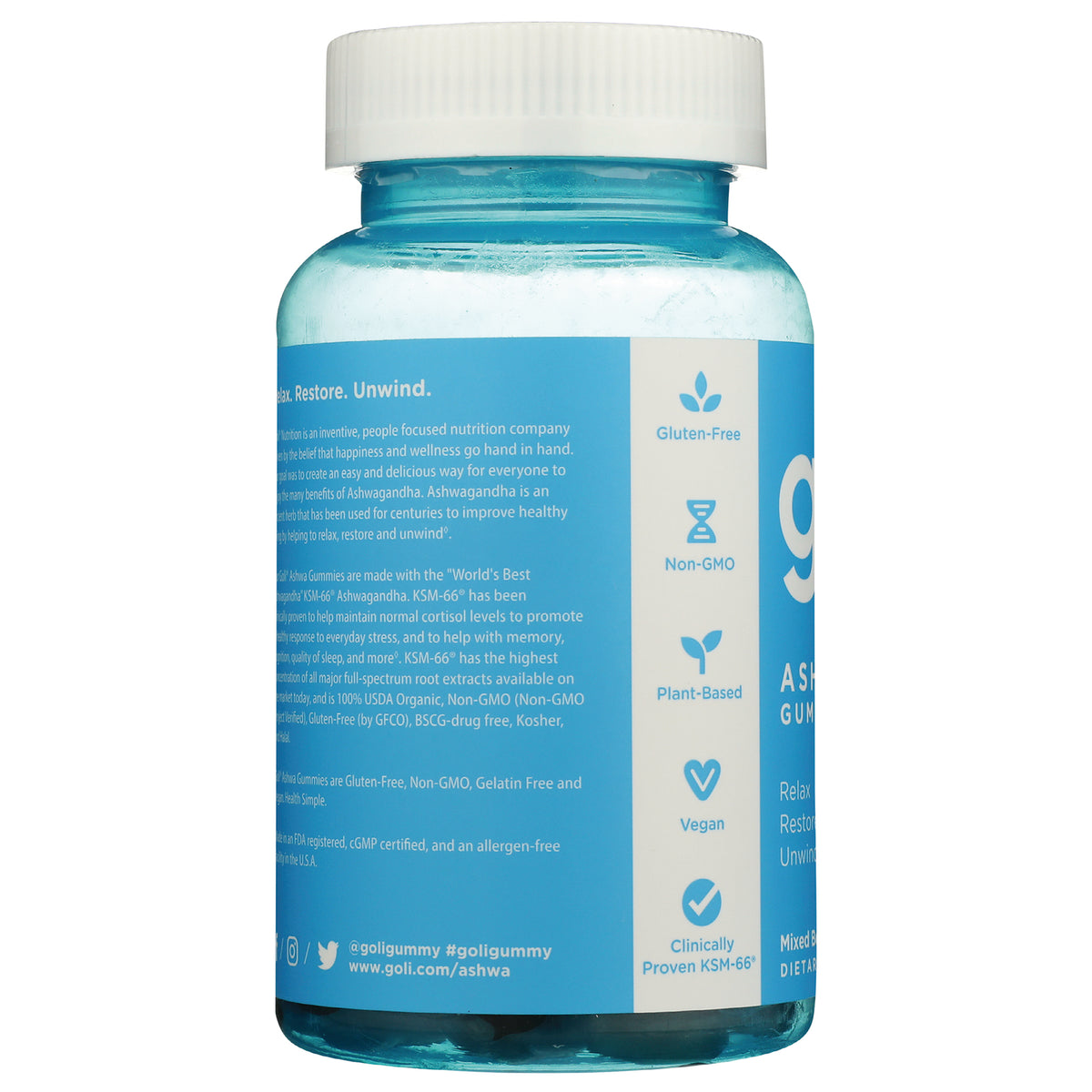 GOL003 | Back label of blue supplement bottle showing icons and text including Gluten-Free, Non-GMO, Plant-Based, Vegan, Clinically Proven KSM-66