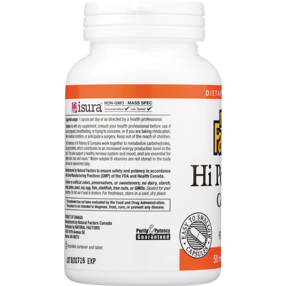 NFC069 | back label of white supplement bottle showing usage directions, warnings, and purity guaranteed badge