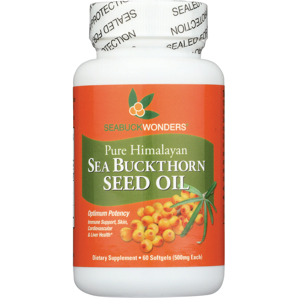 SBW003 | SeabuckWonders Pure Himalayan Sea Buckthorn Seed Oil bottle front label, 60 softgels - Thumbnail