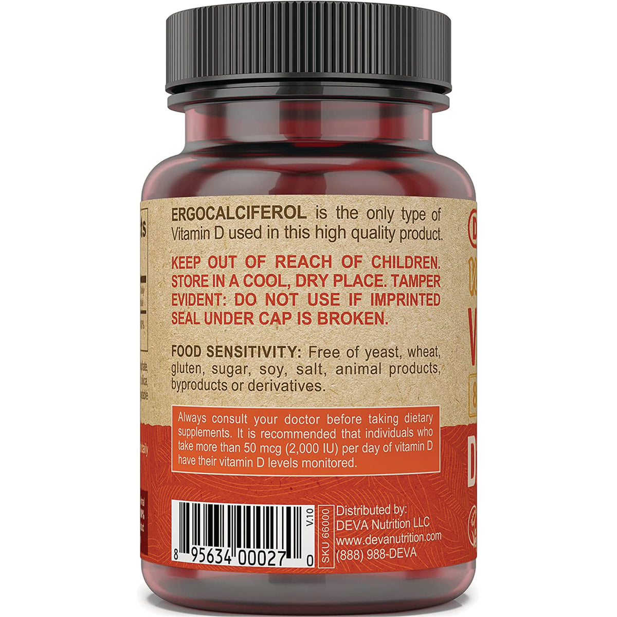DEV006 | Back label of supplement bottle showing KEEP OUT OF REACH OF CHILDREN warning, food sensitivity statement and barcode