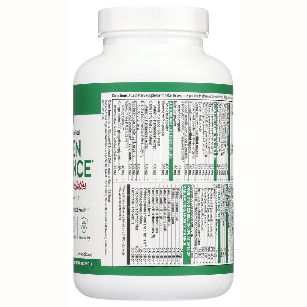 VH003 | Back of Green Vibrance supplement bottle showing Supplement Facts, directions, and ingredients panel - Thumbnail