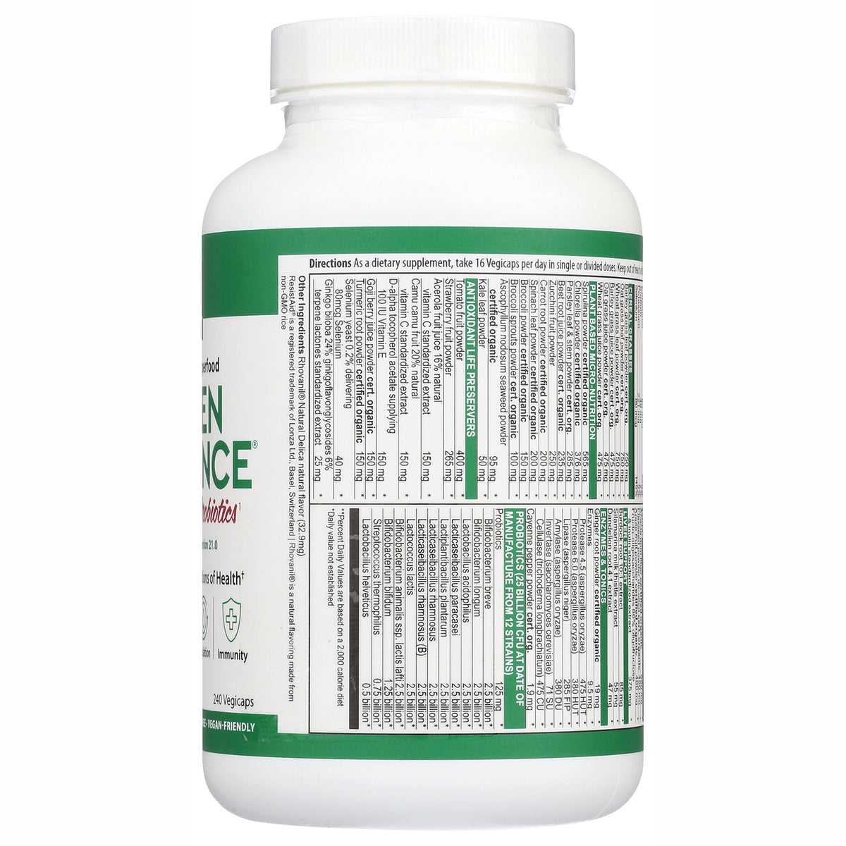 VH003 | Back of Green Vibrance supplement bottle showing Supplement Facts, directions, and ingredients panel