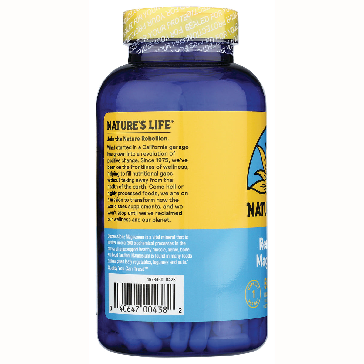 NSL004 | back label of blue supplement bottle showing Nature's Life brand text, product information and barcode