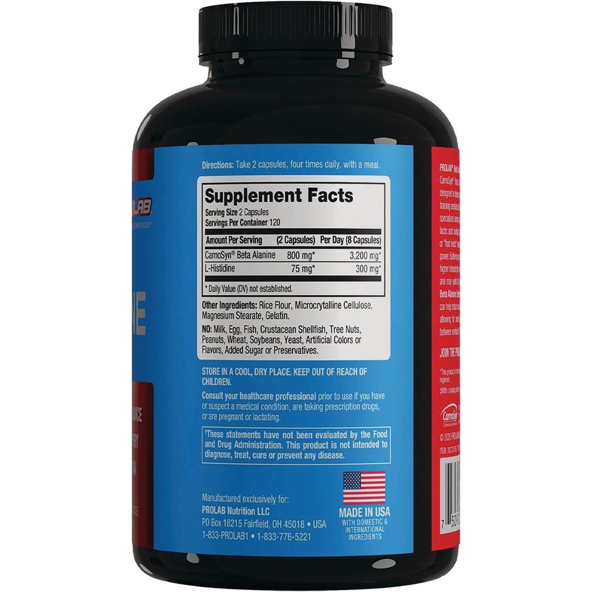 PRL030 | Back of black supplement bottle showing Supplement Facts label, ingredient list, and Made in USA flag