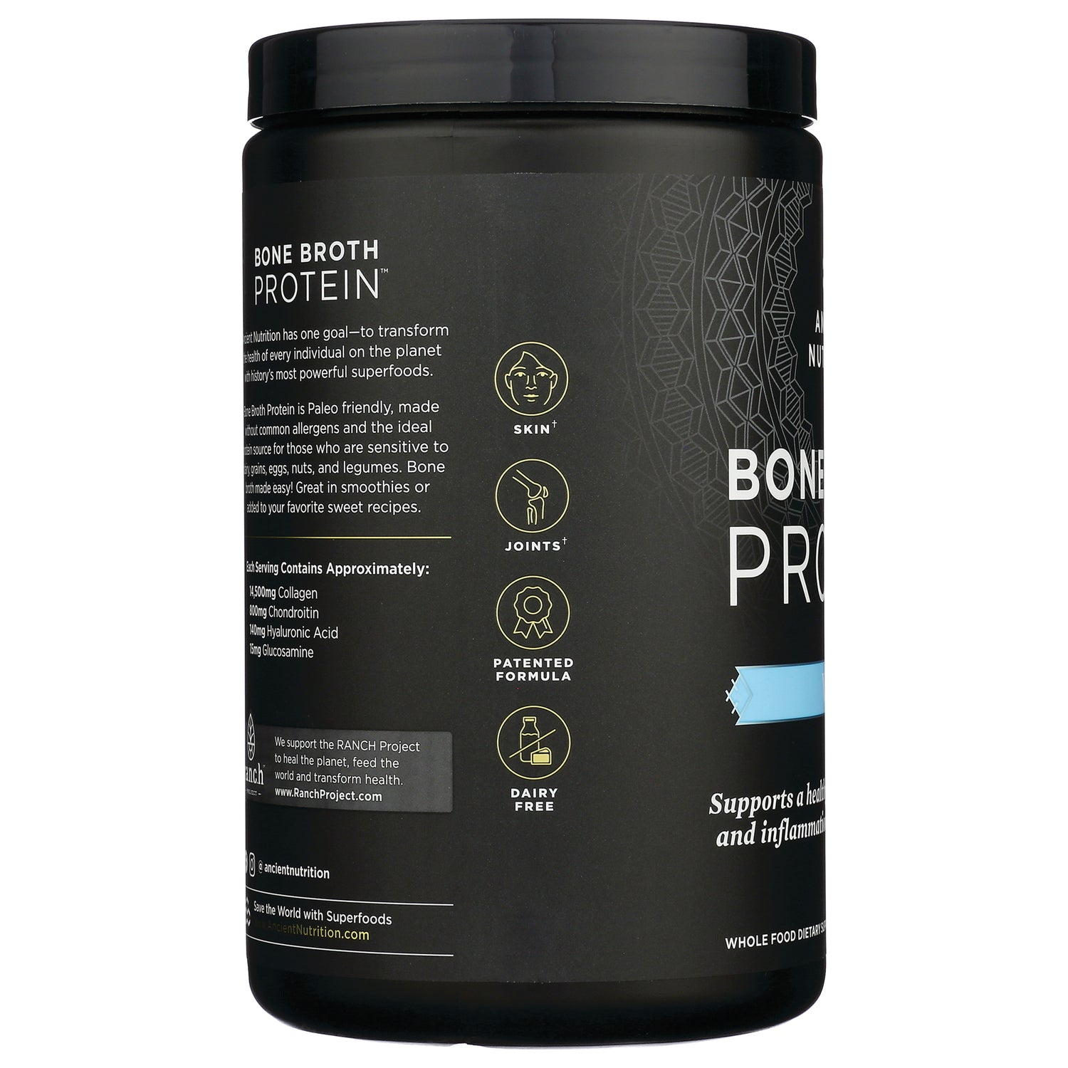 ATN002 | Side label of black Bone Broth Protein tub showing benefit icons: skin, joints, patented formula, dairy free