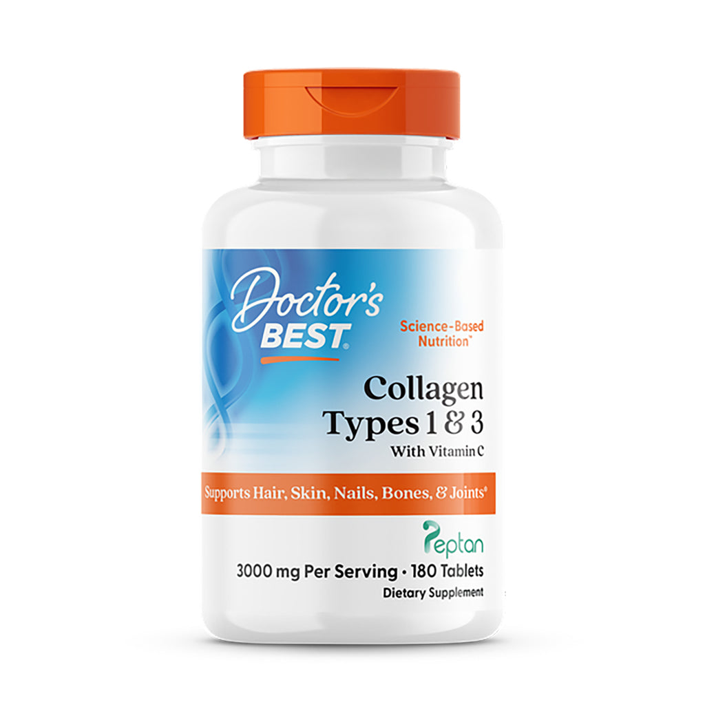 Doctor's BEST Collagen Types 1 and 3 bottle 1000 mg 180 tablets white bottle with orange cap - Thumbnail