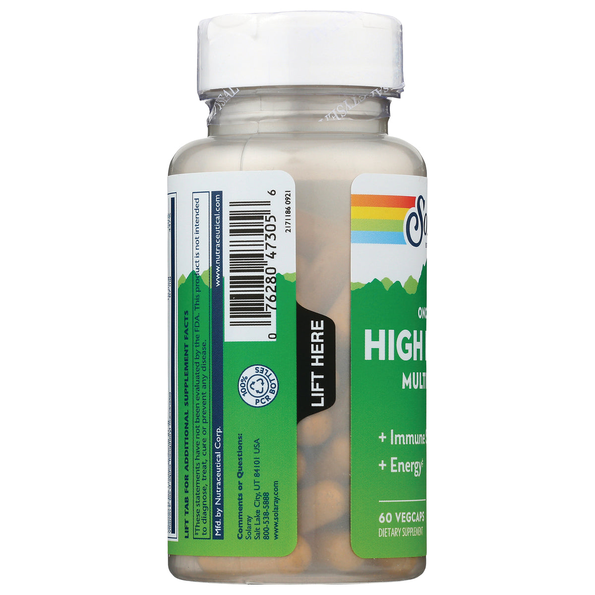 SLR364 | Side view of supplement bottle showing barcode, LIFT HERE tab and visible capsules through clear bottle