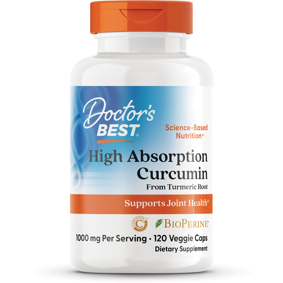 Doctor's BEST High Absorption Curcumin bottle front labeled Supports Joint Health 1000 mg per serving 120 veggie caps