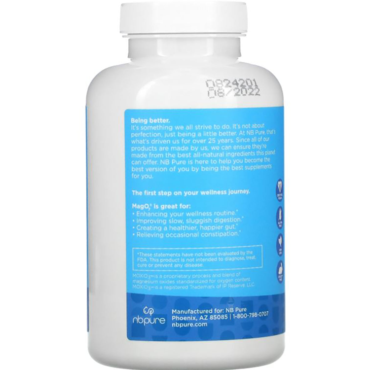 ARL007 | Back of white supplement bottle with blue information label, NB Pure logo, and usage text