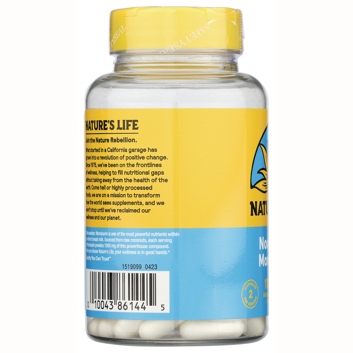 HS059 | back of yellow and blue supplement bottle label showing product text, barcode, and white capsules visible through clear bottle