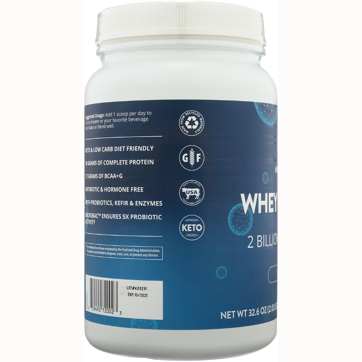 MRM004 | side label of whey protein tub with icons for KETO, GF, USA and visible text 2 BILLION probiotics