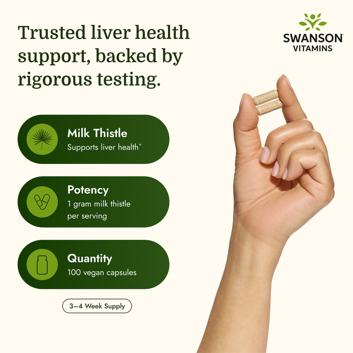 SW966 | Milk Thistle infographic with vegan capsules, 1 gram per serving, and 100 capsule count