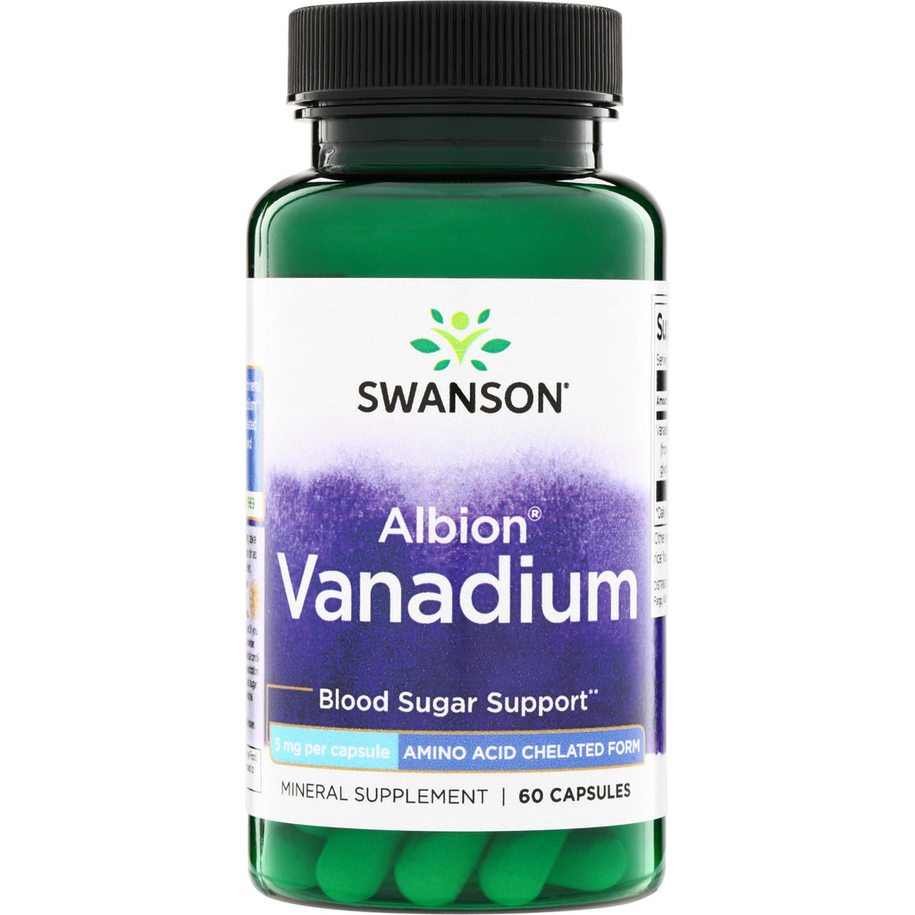 SWU101 | Swanson Albion Vanadium bottle, Blood Sugar Support, 5 mg per capsule, amino acid chelated, 60 capsules - Thumbnail