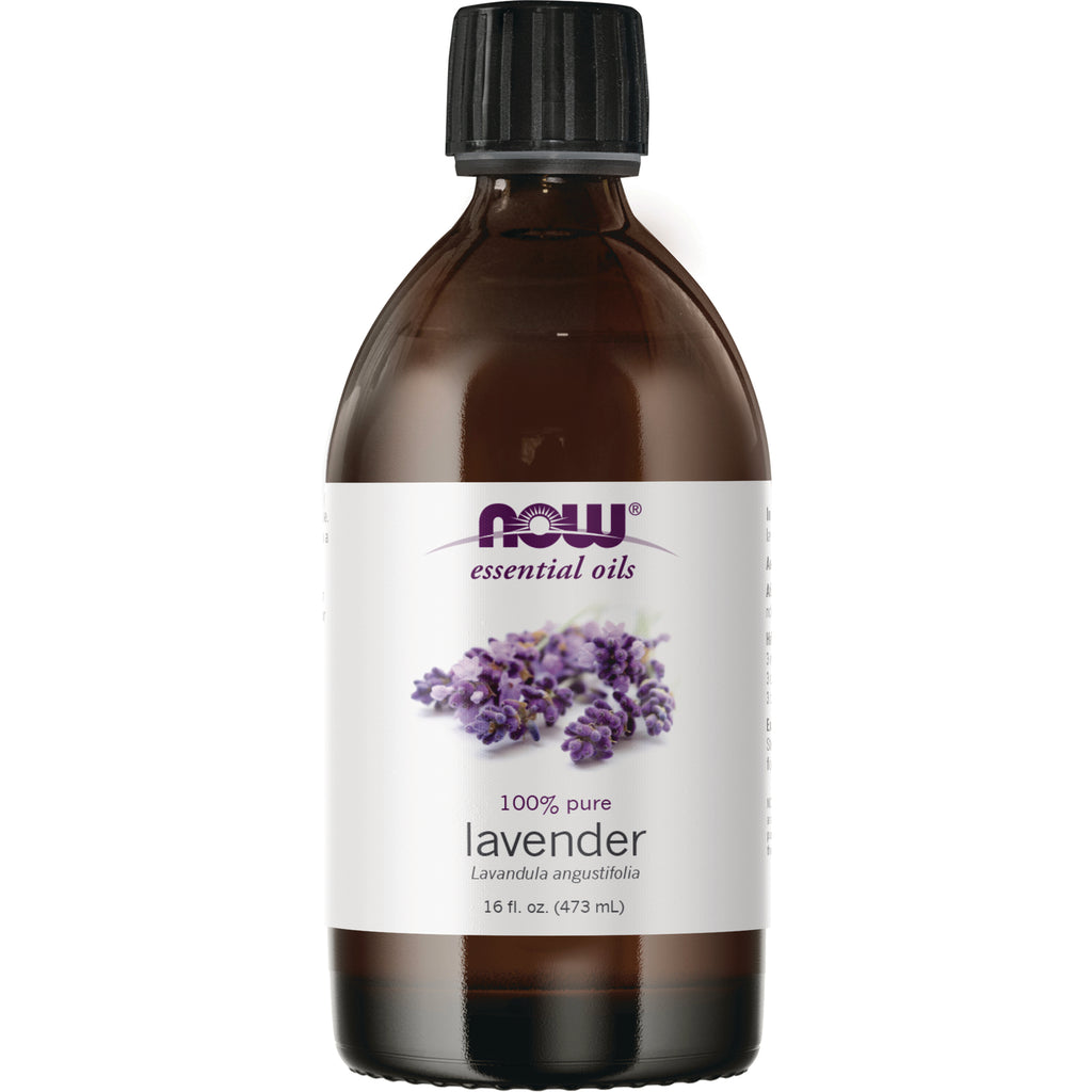 NWF487 | NOW essential oils lavender 16 fl oz amber bottle with white label and lavender sprigs - Thumbnail