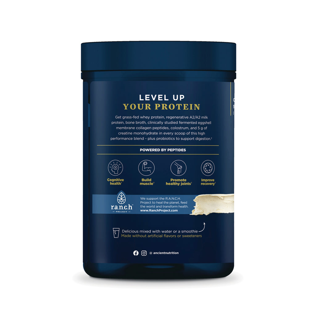 ATN153 | Ancient Nutrition protein powder tub label with benefits, Ranch Project logo, and mix-with-water directions - Thumbnail