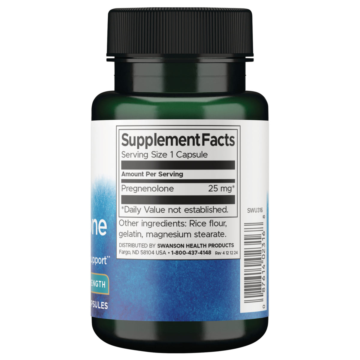 SWU316 | Back label showing Supplement Facts: Pregnenolone 25 mg per capsule and other ingredients