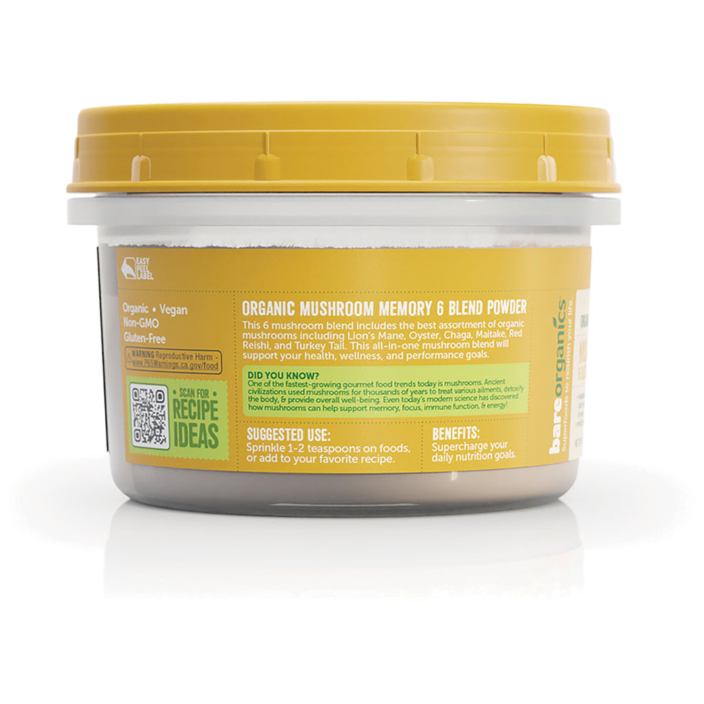 Plastic tub back label for organic mushroom Memory 6 blend powder with yellow lid, QR code, suggested use and benefits - Thumbnail