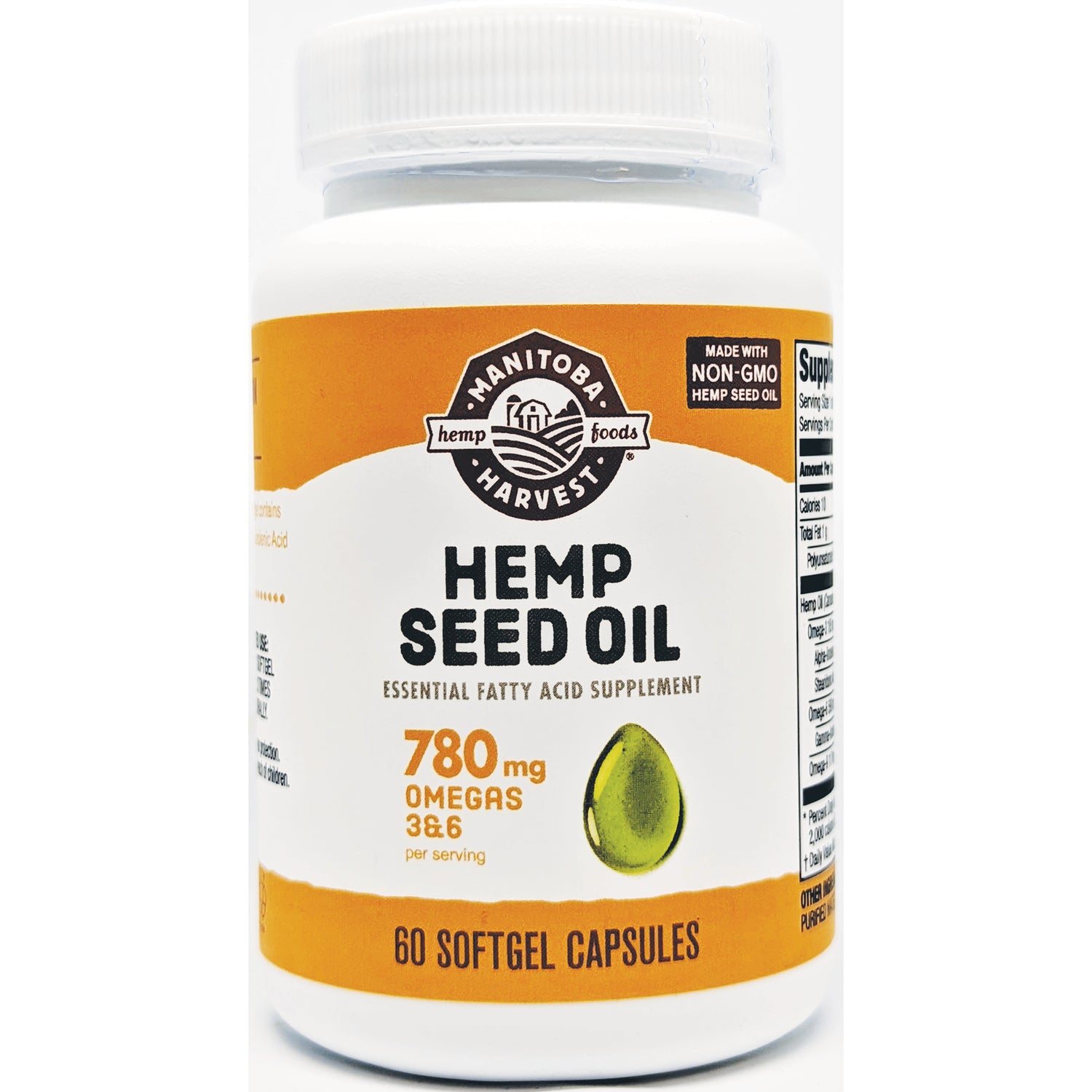 MAN010 | Manitoba Harvest Hemp Seed Oil bottle front label showing 780 mg omegas 3&6 and 60 softgel capsules
