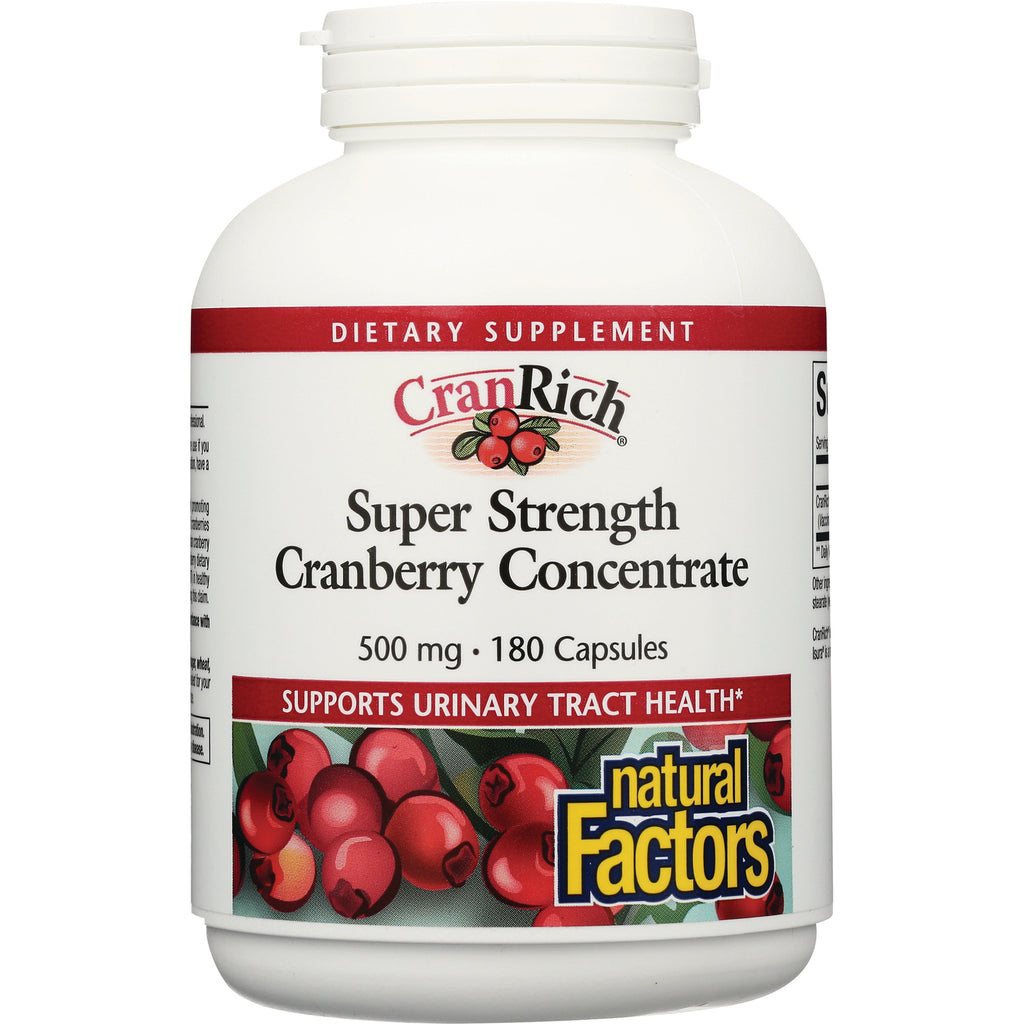 NFC143 | White bottle front label: CranRich Super Strength Cranberry Concentrate 500 mg, 180 capsules, supports urinary tract health - Thumbnail