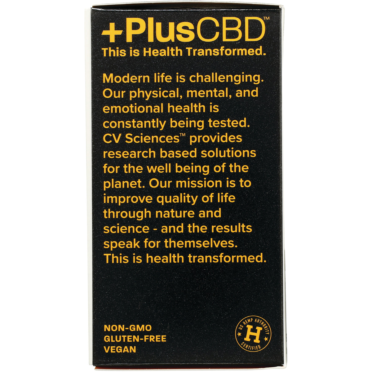 PlusCBD black product panel with yellow text stating brand mission and non-GMO, gluten-free, vegan claims