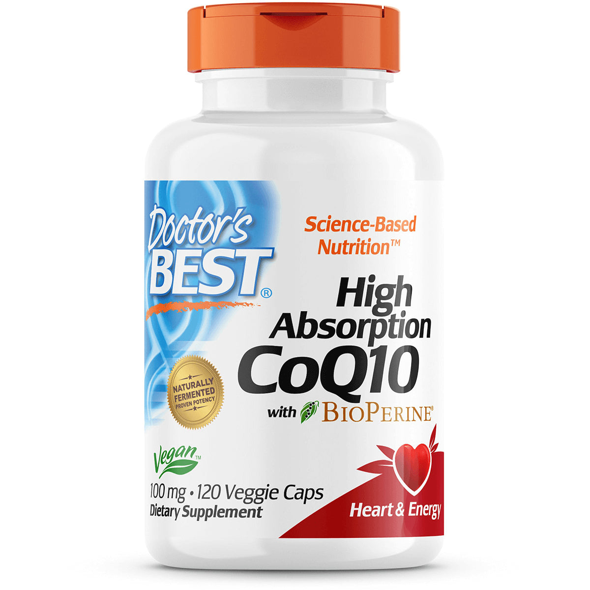 DB157 | Doctor's Best High Absorption CoQ10 100 mg bottle, 120 Veggie Caps, white bottle with orange cap