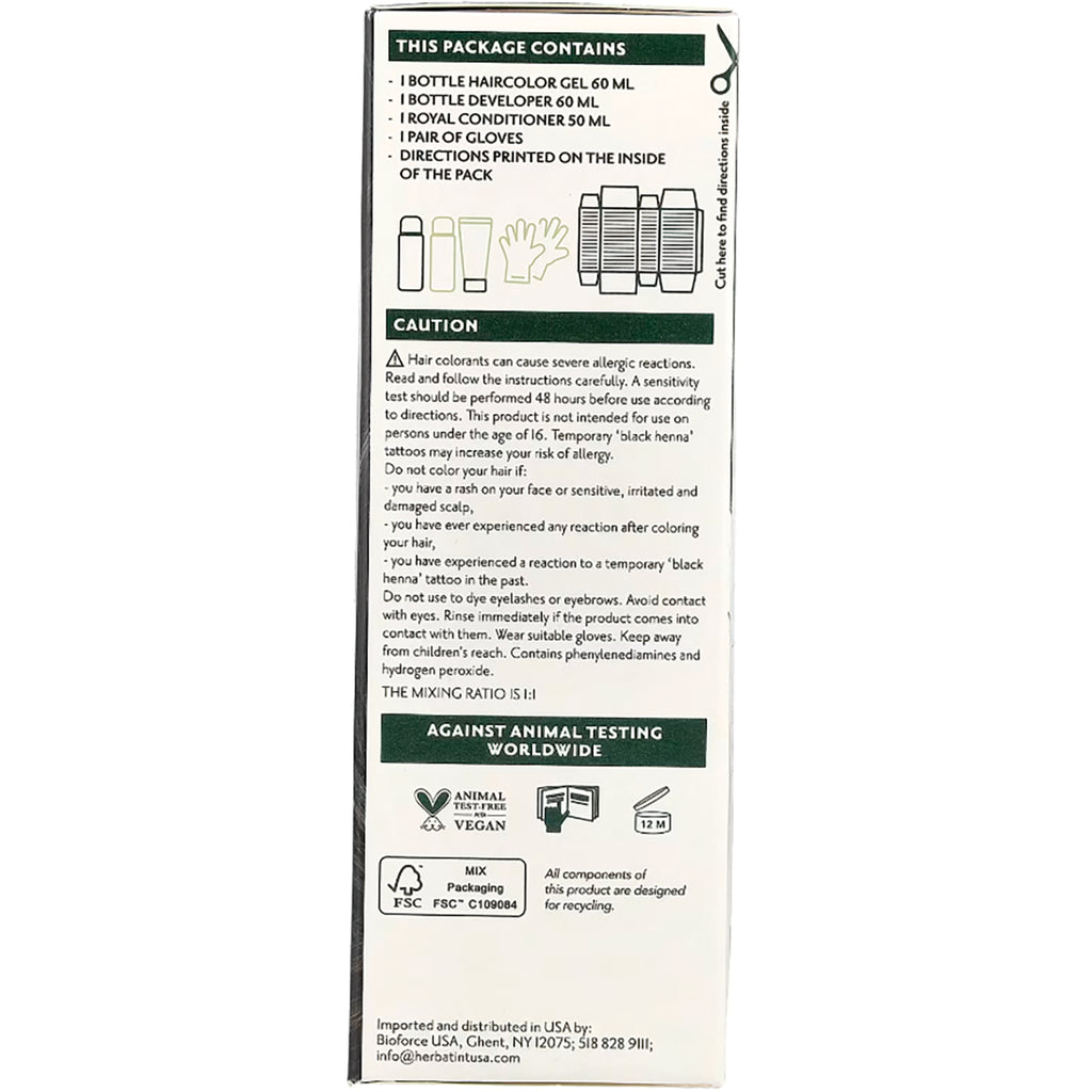 HBT002 | Back of hair color box showing package contents, caution text and recycling and vegan icons - Thumbnail